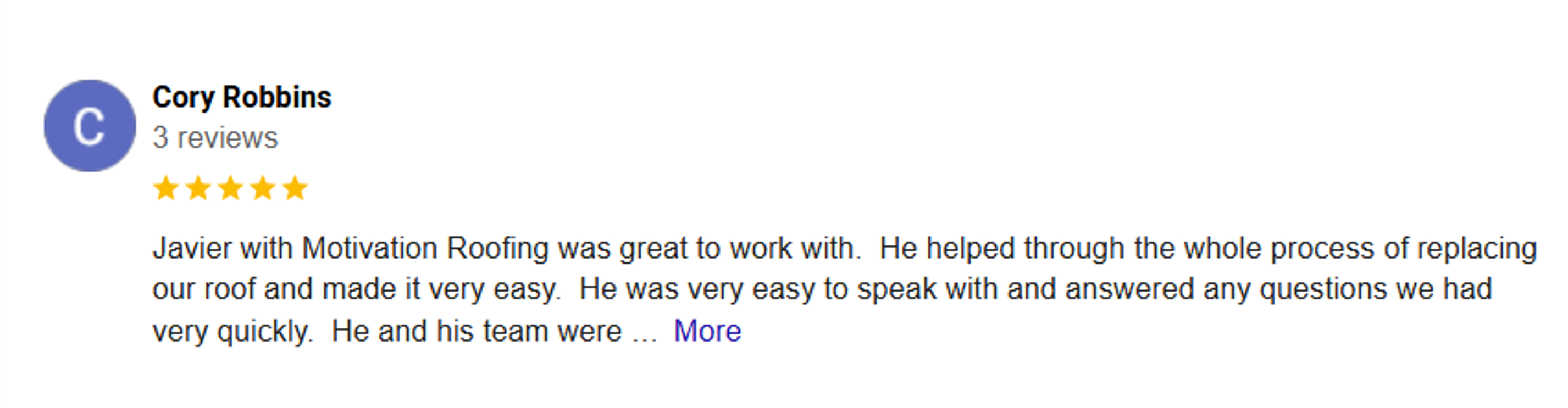 Google Review for Motivation Roofing in North Carolina